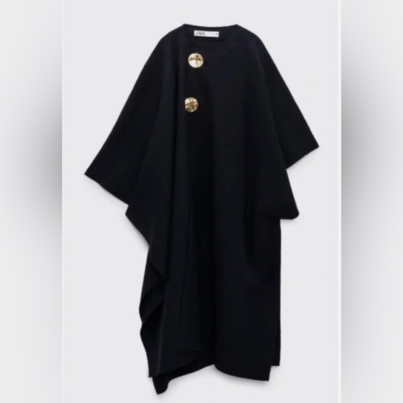 💙 ZARA NWOT Women's Navy Poncho Cape Coat with Large Golden Buttons - Picture 2 of 9